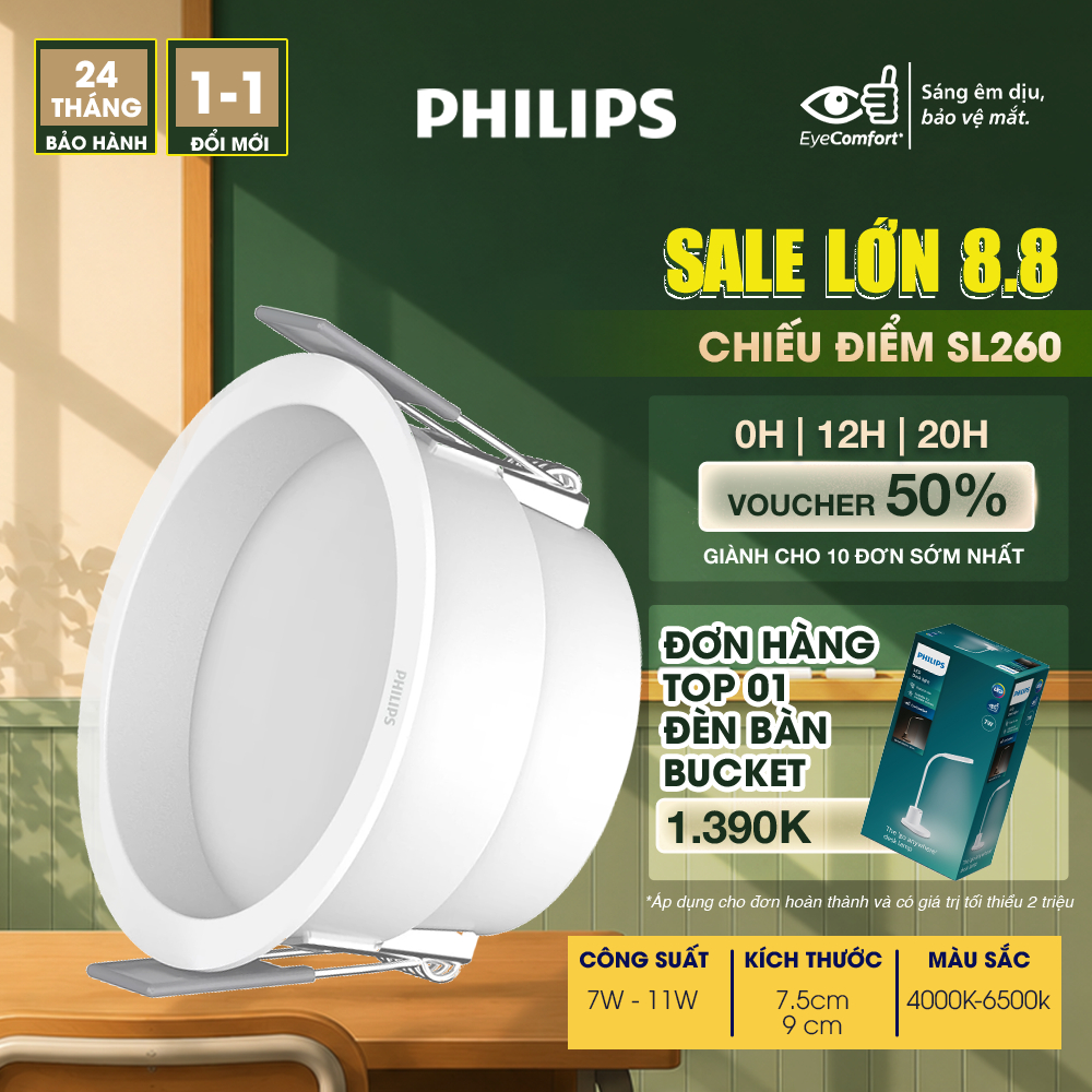 Đèn LED PHILIPS âm trần chóa sâu DL260 7W, 11W D75- Góc chiếu: 100°- Ánh sáng trung tính, trắng
