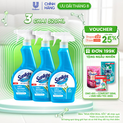 Combo 3 Nước lau kính Sunlight Siêu nhanh | Phiên bản nâng cấp từ Cif | Sạch trong suốt, không tỳ vết | Chai 520ml