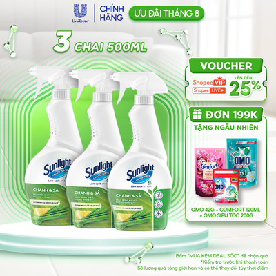 Combo 3 Nước lau đa năng Sunlight Chanh & Sả | Phiên bản nâng cấp từ Cif | Sạch bóng kin kít, không nhờn rít| Chai 500ml