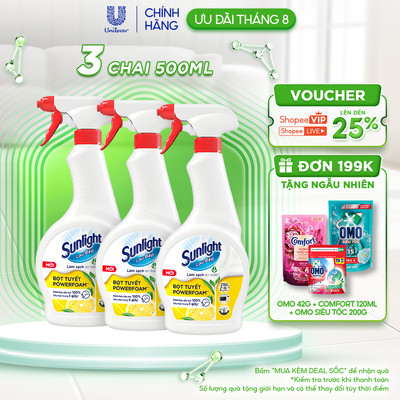 Combo 3 Bọt tuyết lau bếp Sunlight POWERFOAM - Đánh bay dầu mỡ 100%, siêu tiện trong 5 giây | 500ml