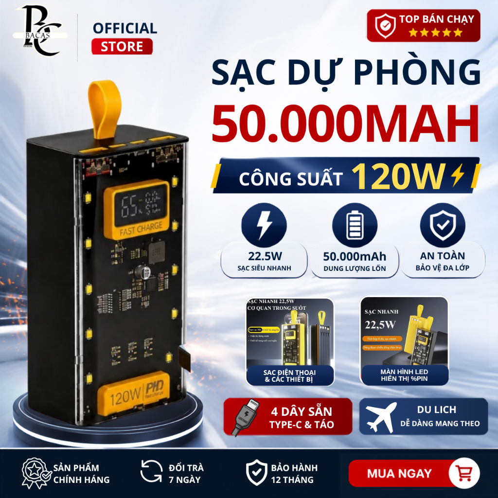 Sạc Dự Phòng 50.000mAh, Công suất cực đại 120W, Thiết kế 4 dây sạc sẵn, Màn hình LED thông minh %Pin