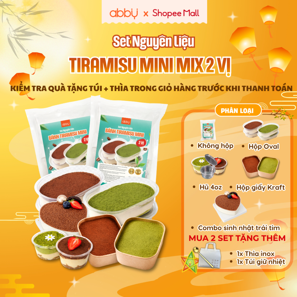 [ABBY] Set nguyên liệu làm bánh tiramisu mini vị cacao/matcha - thành phẩm 2 hộp 900ml - Không cần l