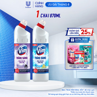 Nước Tẩy Bồn Cầu và Nhà Vệ Sinh Vim Trắng Sáng | Sạch Thơm Dịu Mát Với Hương Chanh Sả và Hương Lavender (870ml)
