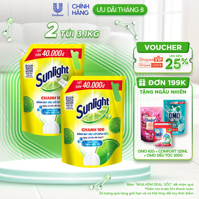 COMBO 2 Nước Rửa Chén Bát Sunlight Chanh 100 | Sạch Dầu Mỡ Đồ Nhựa | Túi 4x3.1Kg
