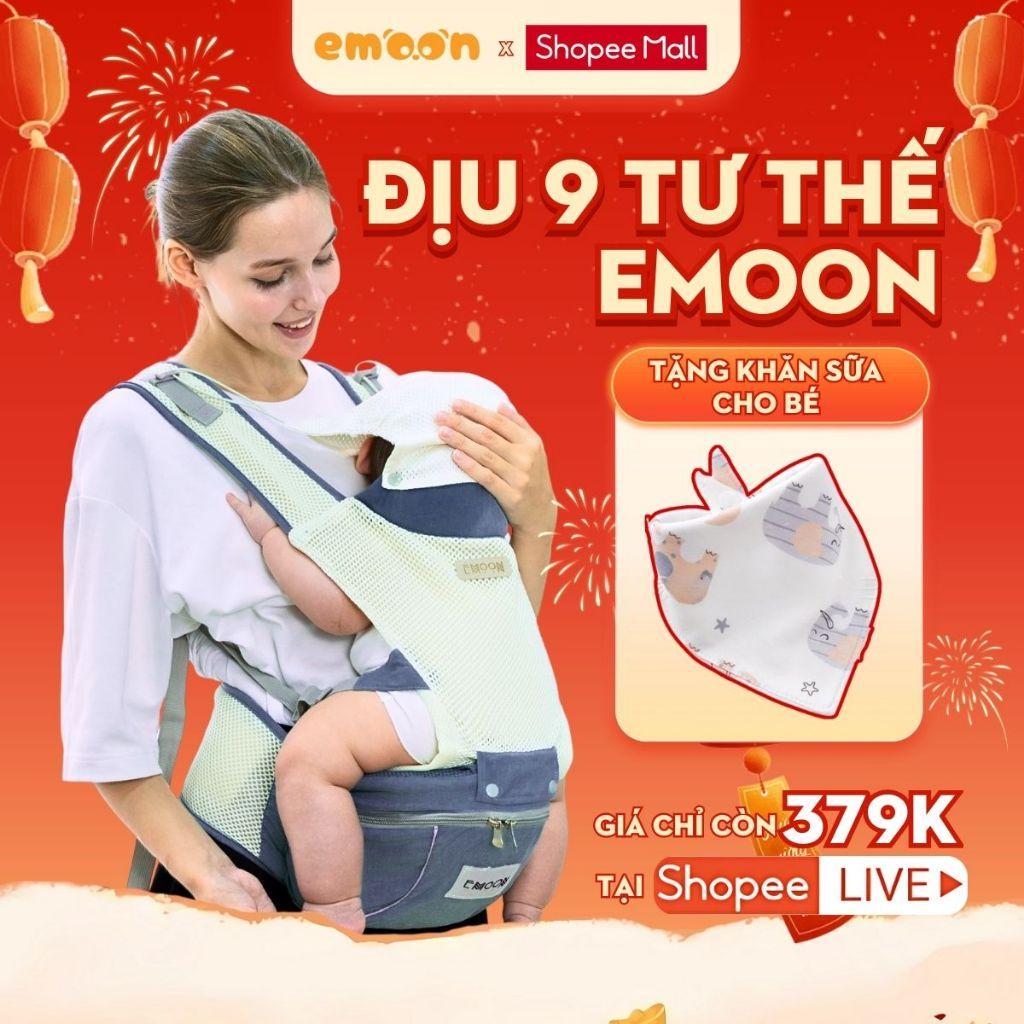 Địu em bé trợ lực Emoon 9 tư thế, chống gù, đai đi xe máy cho bé, vải lưới…