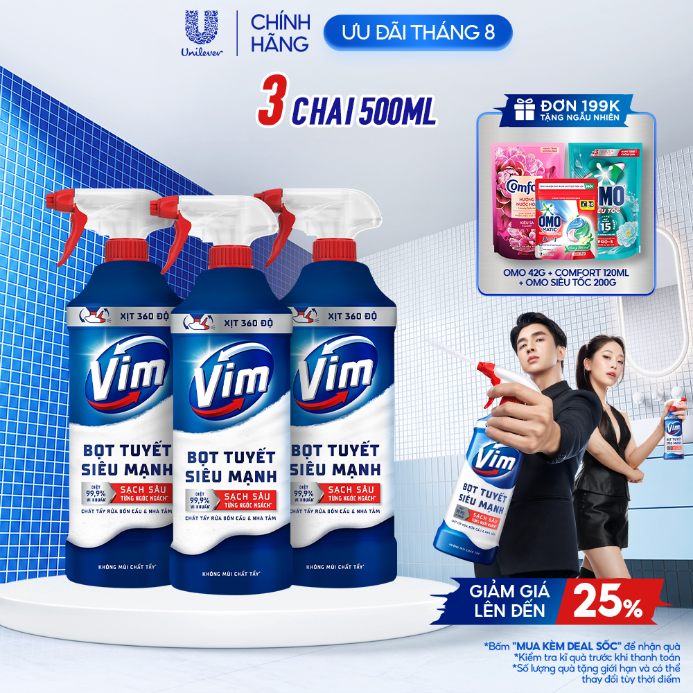 Vim Bọt Tuyết Siêu Mạnh Tẩy Bồn Cầu và Nhà Vệ Sinh | Diệt 99,9% Vi Khuẩn - Combo 3 Chai x 500ml
