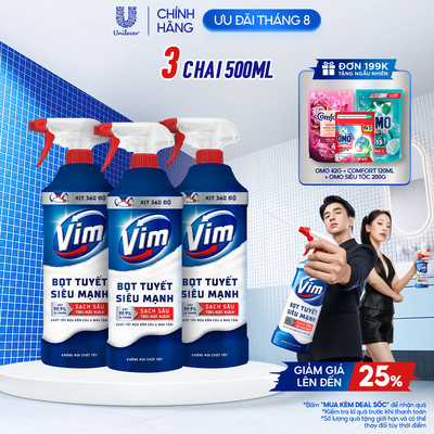 Vim Bọt Tuyết Siêu Mạnh Tẩy Bồn Cầu và Nhà Vệ Sinh | Diệt 99,9% Vi Khuẩn - Combo 3 Chai x 500ml