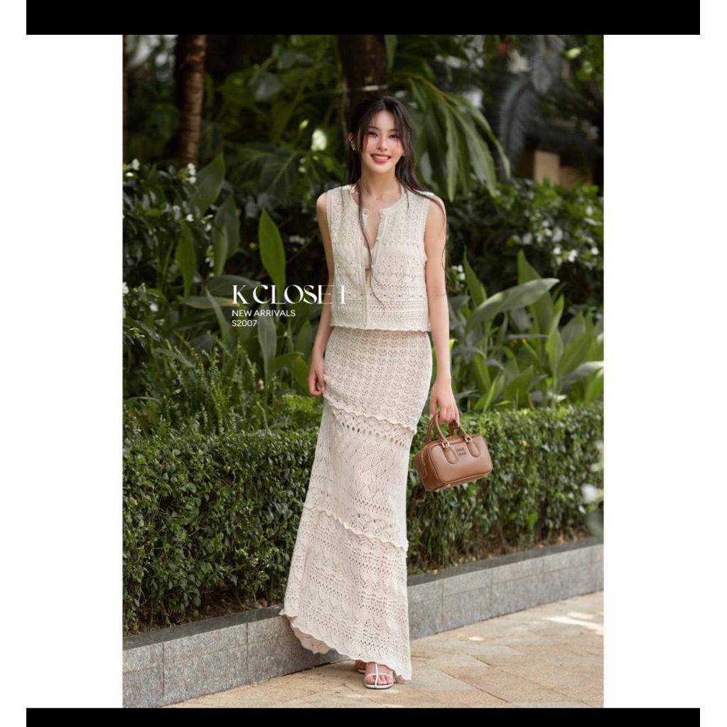 Thanh lý size  M Set áo len crochet sát nách - chân váy midi, thời trang thiết kế K Closet S2007