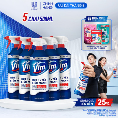 Combo 5 Chai Bọt Tuyết Siêu Mạnh Tẩy Bồn Cầu và Nhà Vệ Sinh Vim | Diệt 99,9% Vi Khuẩn (500ml)