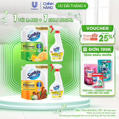 COMBO YÊU BẾP SẠCH NHÀ|Bọt tuyết lau bếp SunlightPOWERFOAM-500ml|Nước Lau Sàn Sunlight BIOSHIELD Ngăn côn trùng-Túi3,4KG