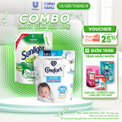 COMBO LÀNH TÍNH DỊU NHẸ | Nước rửa chén Sunlight Lô Hội Túi 3.3kg | Nước xả vải Comfort Dịu Nhẹ Thơm Hương Phấn Túi 3.6L