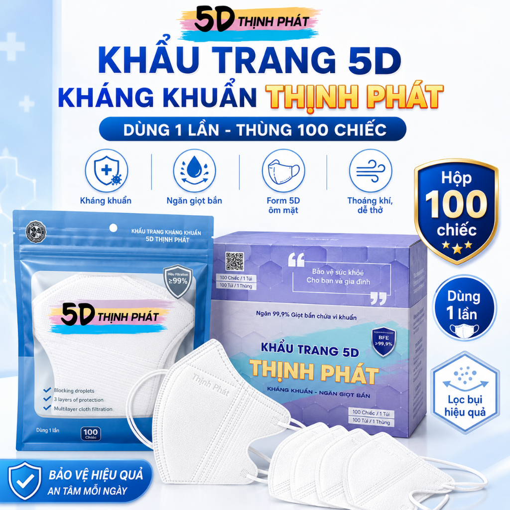 Khẩu Trang 5D Thịnh Phát y tế 100 Chiếc / 3 lớp Dùng 1 Lần kháng khuẩn kháng giọt bắn chống tia UV
