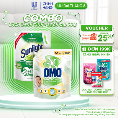 SẠCH LÀNH TÍNH - SẠCH DỊU NHẸ| Nước rửa chén Sunlight Lô Hội Túi 3.3kg| Nước giặt OMO Matic cho Quần Áo Bé Yêu Túi 4.1kg