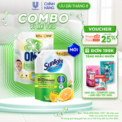 COMBO VÌ BÉ YÊU | Nước giặt OMO Matic Cho Quần Áo Bé Yêu - Túi 4.1kg | Nước Lau Sàn Sunlight BIOSHIELD - Túi 3.4 KG