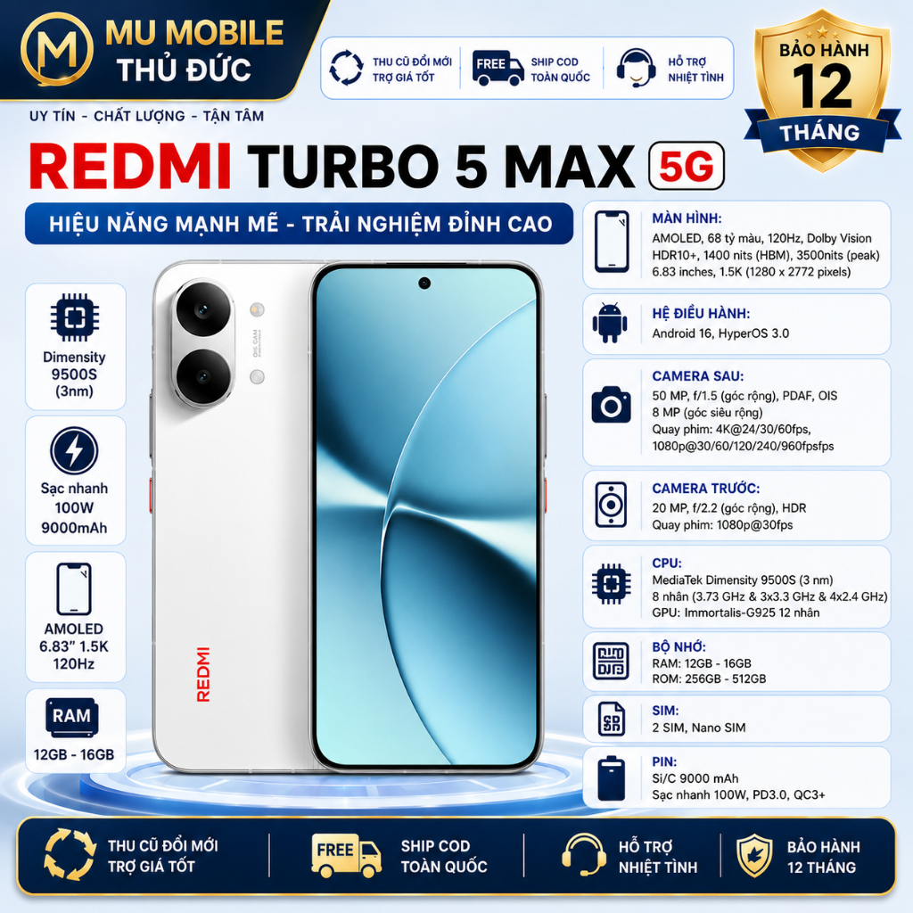 REDMI TURBO 5 MAX 5G  12GB/256GB NewSeal 100% - AMOLED 120Hz, Pin 9000mAh, Sạc 100W, BH 12 Tháng | BigBuy360 - bigbuy360.vn