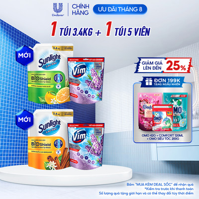 COMBO SẠCH THƠM | Nước lau sàn Sunlight BIOSHIELD Túi 3.4 KG | Túi 5 Viên treo bồn cầu Vim Power 5 Oải Hương Viên 55g