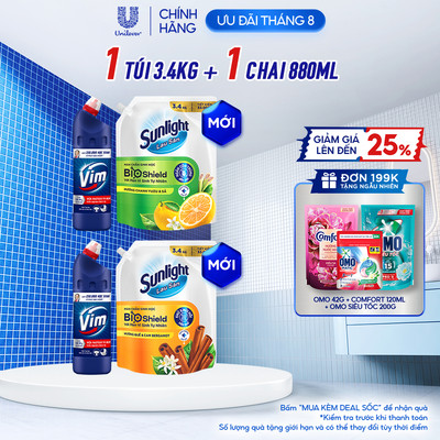 COMBO SẠCH KHUẨN THƠM NHÀ | Nước lau sàn Sunlight BIOSHIELD Túi 3.4 KG | Nước tẩy bồn cầu Vim Diệt Khuẩn Chai 880ml