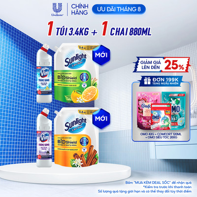 COMBO TRẮNG SẠCH THƠM NHÀ | Nước lau sàn Sunlight Bioshield Túi 3.4 KG | Gel Tẩy Rửa Vim Trắng Sáng Chai 870ml
