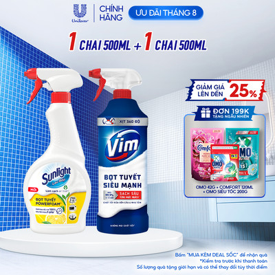 BỘ ĐÔI BỌT TUYẾT SIÊU MẠNH | Bọt tuyết lau bếp Sunlight POWERFOAM - Chai 500ml | Tẩy bồn cầu Vim Bọt tuyết - Chai 500ml