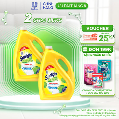 Combo 2 Nước Rửa Chén Bát Sunlight Chanh 100 Sạch Nhanh Xả Bọt Nhanh Rửa Sạch Dầu Mỡ 3.6kg