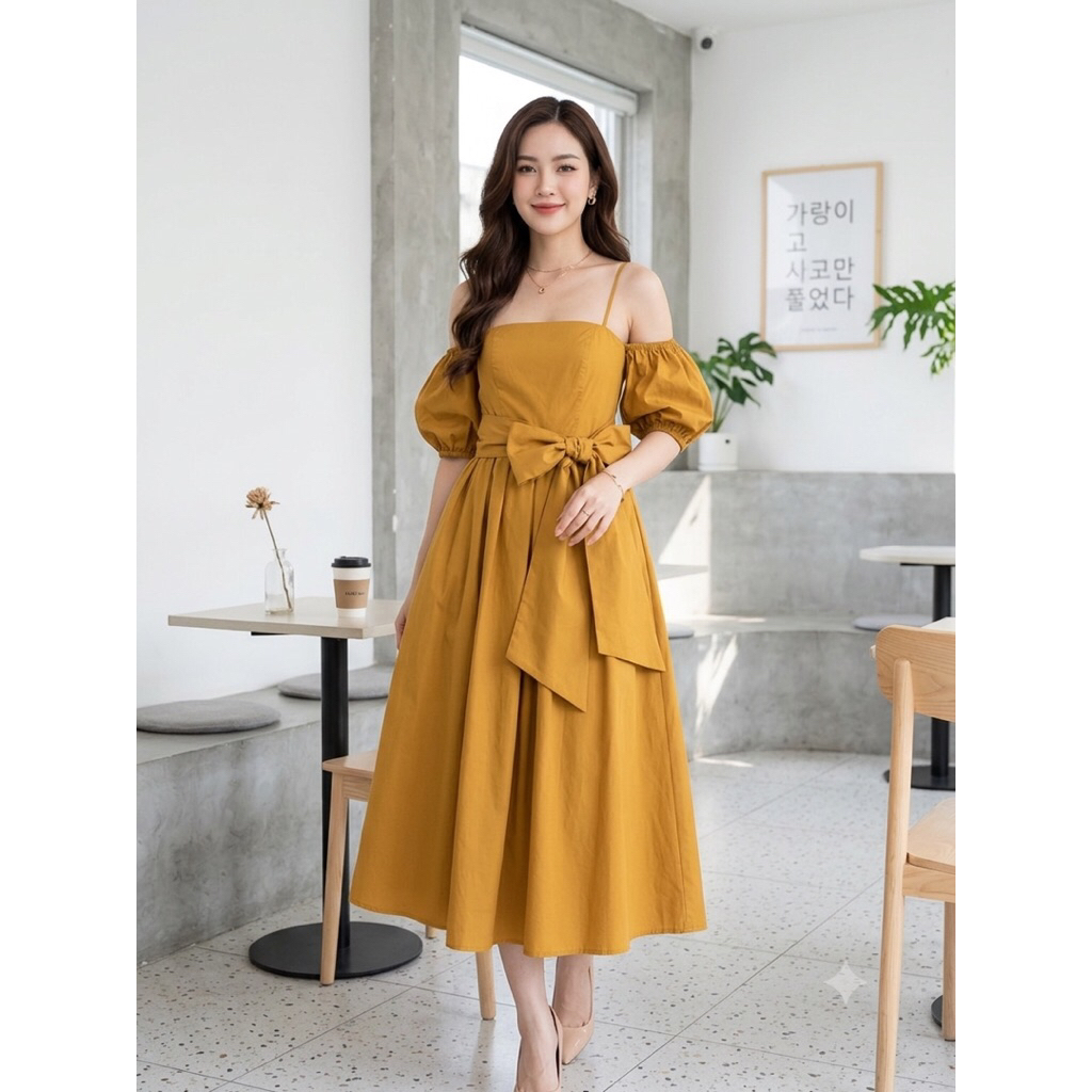 [Thanh Lý Hãng CCHAT] Đầm váy tay bồng trễ vai hottrend  CCHAT thắt nơ to màu vàng mù tạt style Hàn 