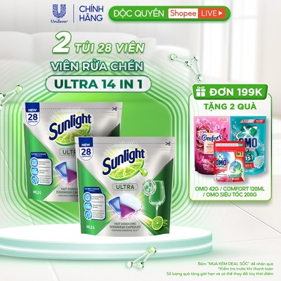 [Live] Combo 2 Túi Viên Rửa Chén Bát Sunlight 14 in 1 Dành Cho Máy Rửa Chén (28 Viên/Hộp)