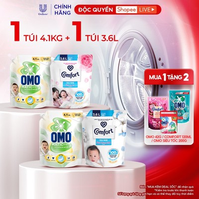 [Live] - Combo Túi Nước Giặt Omo Matic Cho quần áo bé yêu 4,1kg + Nước Xả Vải Comfort Dịu Nhẹ Túi 3,6L