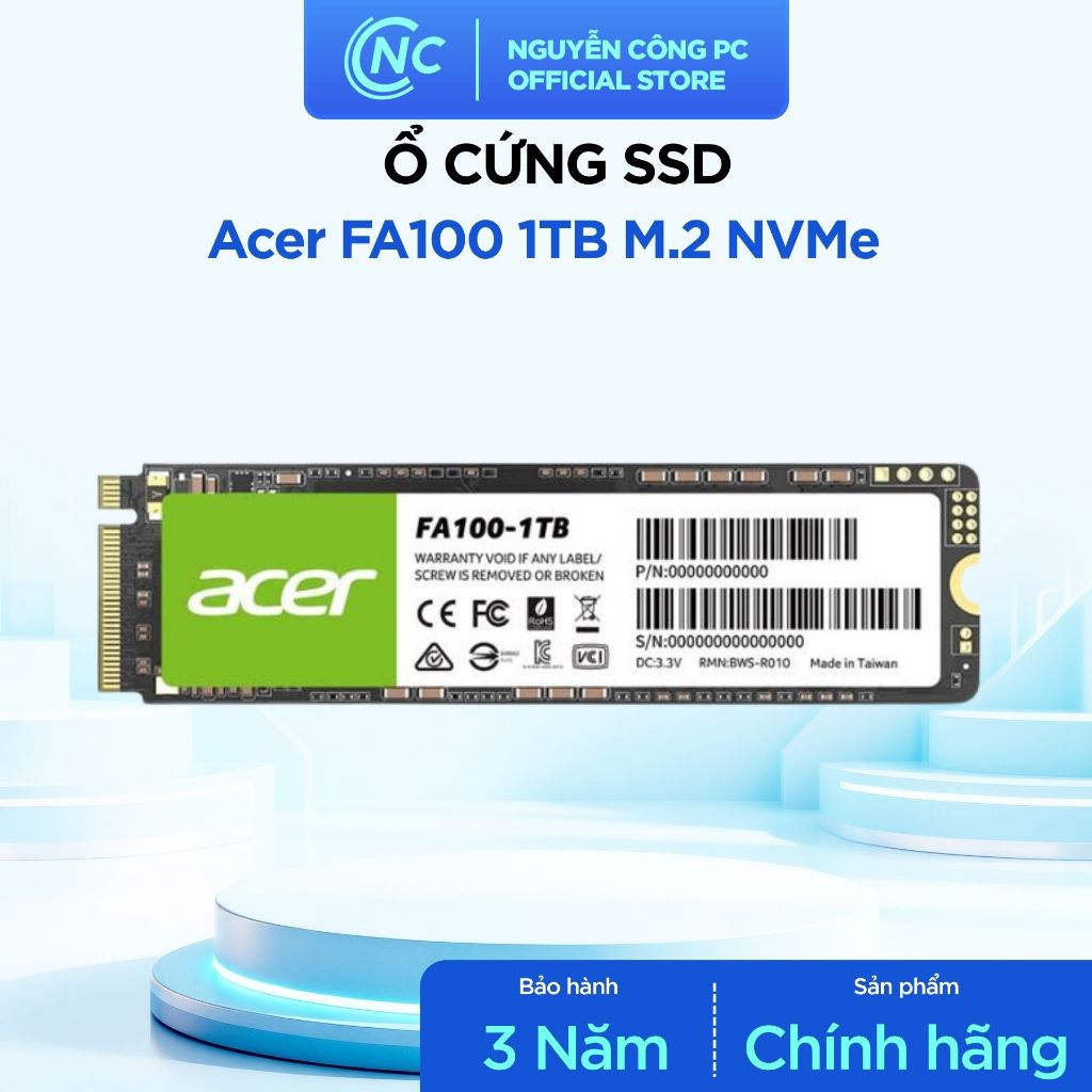 Ổ cứng SSD Acer FA100 1TB M.2 NVMe - đọc 3300MB/s, ghi 2700MB/s - BH 36 tháng