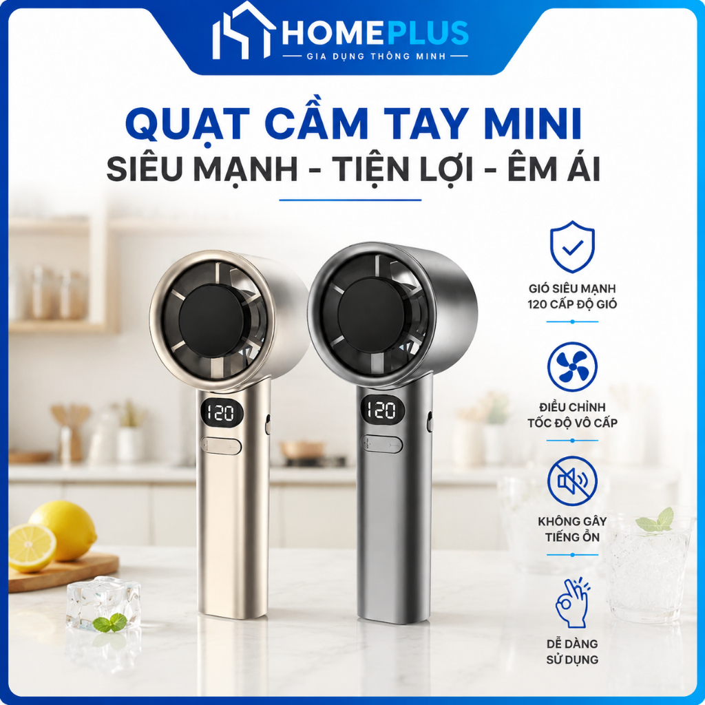 Quạt Cầm Tay Mini 120 Cấp Độ Gió Màn Hình LED Sạc USB Pin Dung Lượng Lớn Không Ồn Cầm Tay Để Bàn