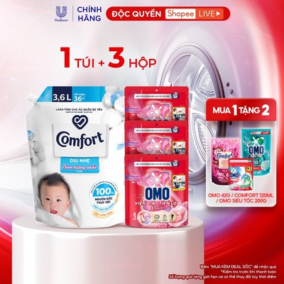 [LIVE] Combo 3 túi viên giặt tiện lợi OMO 3 trong 1 (50 viên/túi) & 1 túi Nước xả vải Comfort Dịu nhẹ 3.6L