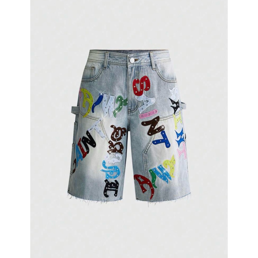 Quần short jean thêu chữ đính đá phong cách hiphop(Hàng oder vui lòng không huỷ giúp e)