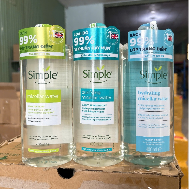 [Tem Phụ] Nước Tẩy Trang Simple MICELLAR WATER 400ml Làm Sạch Sâu Dịu Nhẹ Màu Xanh Dương, Xanh Lá Ph