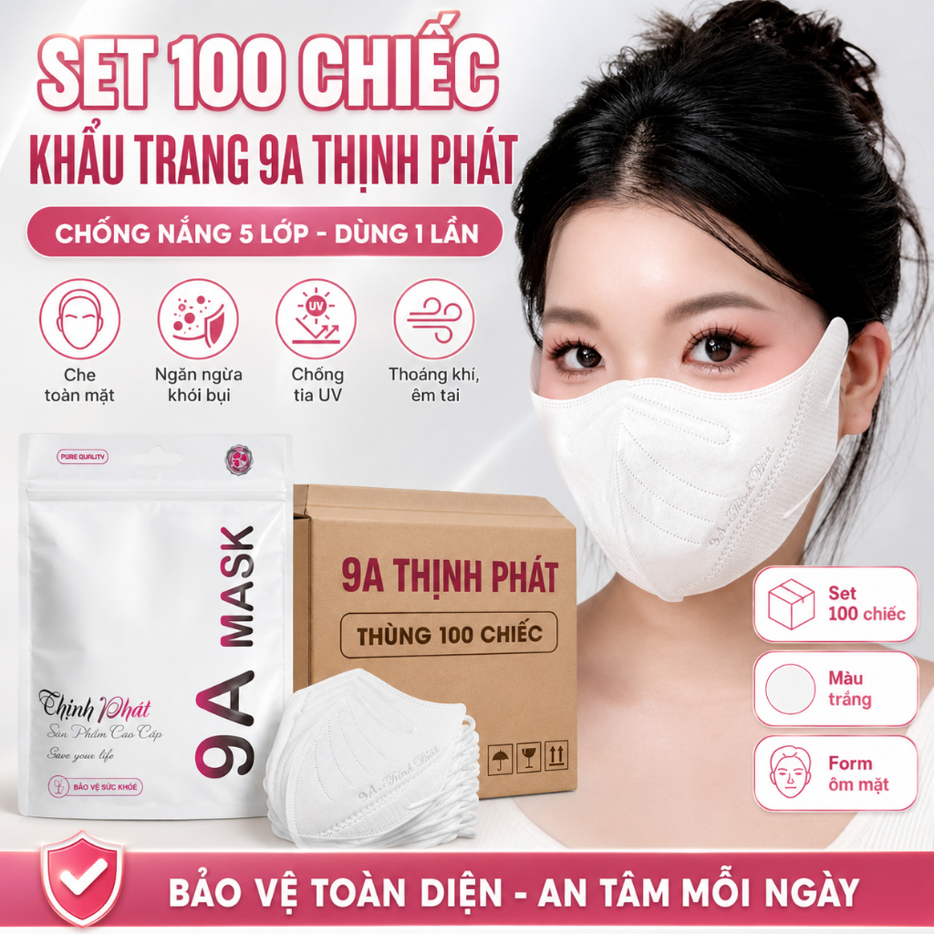 Túi 100 Chiếc Khẩu Trang 9A THỊNH PHÁT Chống Nắng 5 Lớp, Che Toàn Mặt Ngăn Ngừa Khói Bụi, Tia UV
