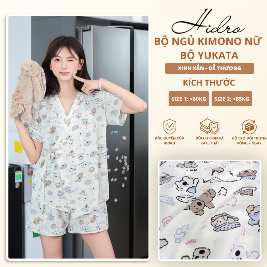 [ẢNH THẬT] Bộ ngủ Kimono nữ bộ Yukata Hidroshop chất đũi cotton siêu mát hoạ tiết cute Hidroshop68