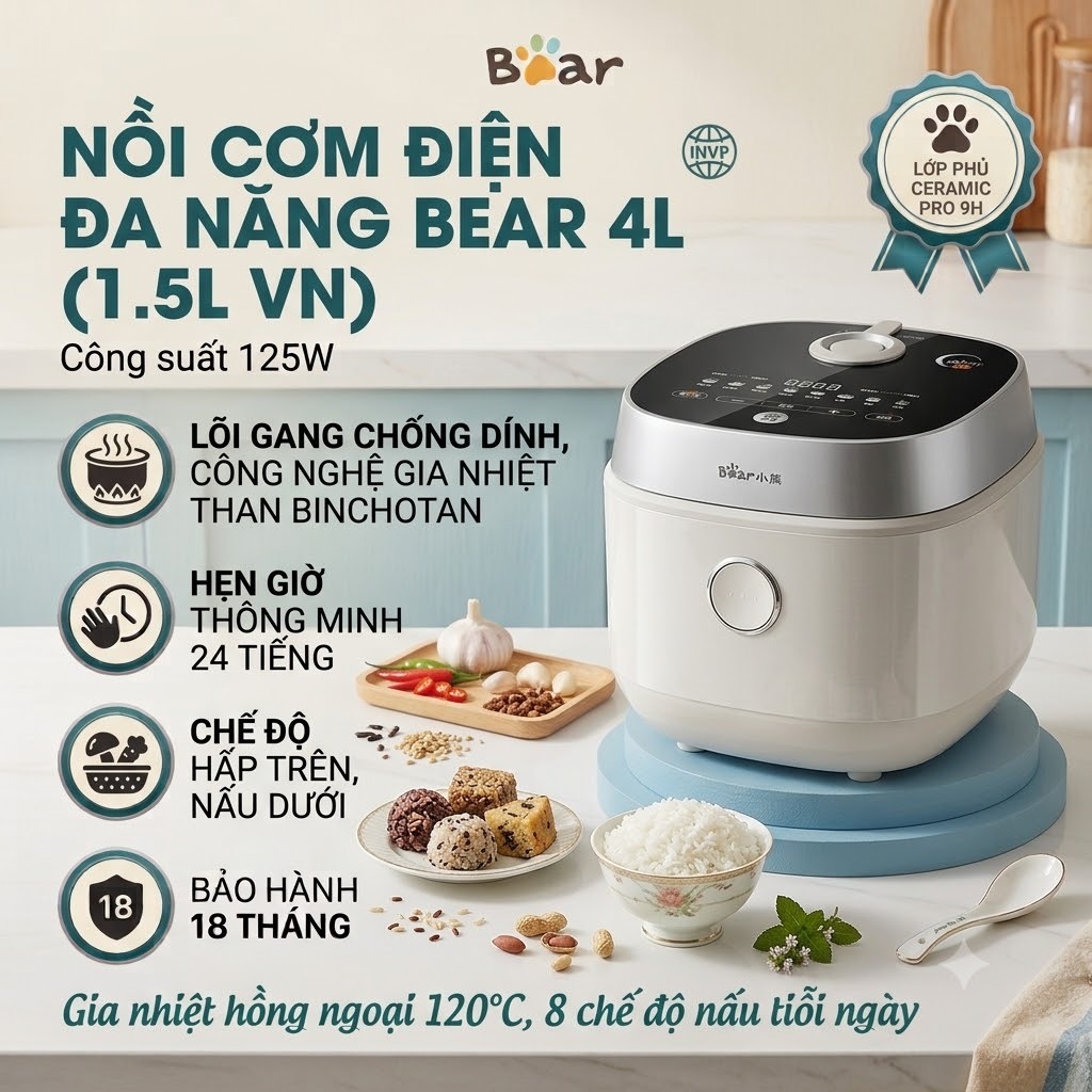 Nồi Cơm Điện Tử Bear RC-4H40Y, 1,5L - 800W - Ceramic Pro 9H - 8 chế độ nấu, Bảo Hành 18 Tháng