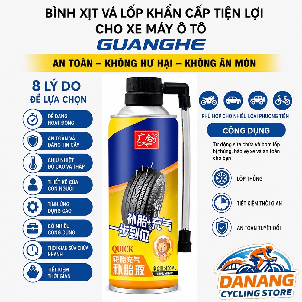 Bình Xịt Vá Lốp Khẩn Cấp GUANGHE – Vá & Bơm Lốp Xe Máy, Ô Tô Nhanh Chóng – An Toàn, Không Ăn Mòn