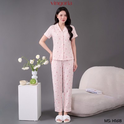 Bộ đồ ngủ nữ Pijama đũi mặc nhà VINGO/VINGORIA tay ngắn xuân hè H1618