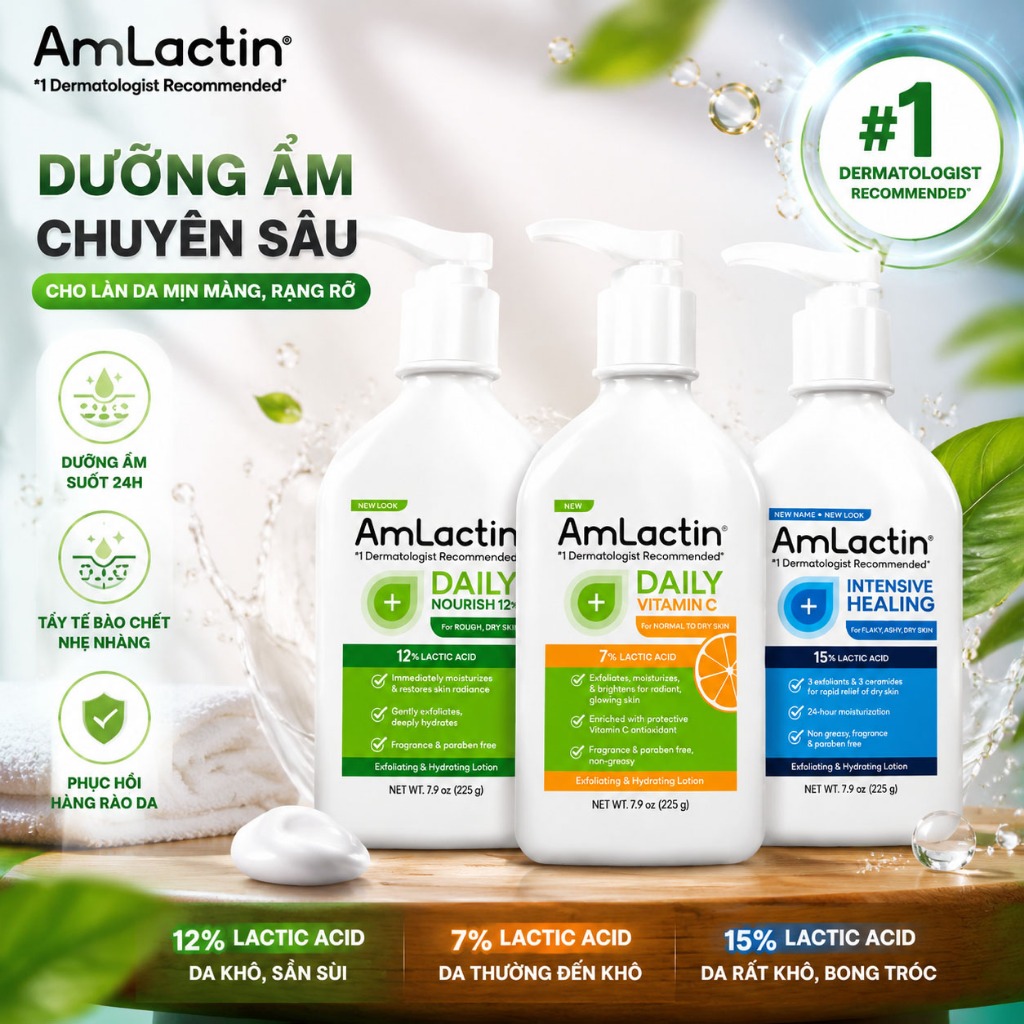 AmLactin Sữa dưỡng thể AHA 225g, 12%/7%/15%, dưỡng ẩm, giảm sần da, tẩy tế bào chết, da mềm mịn