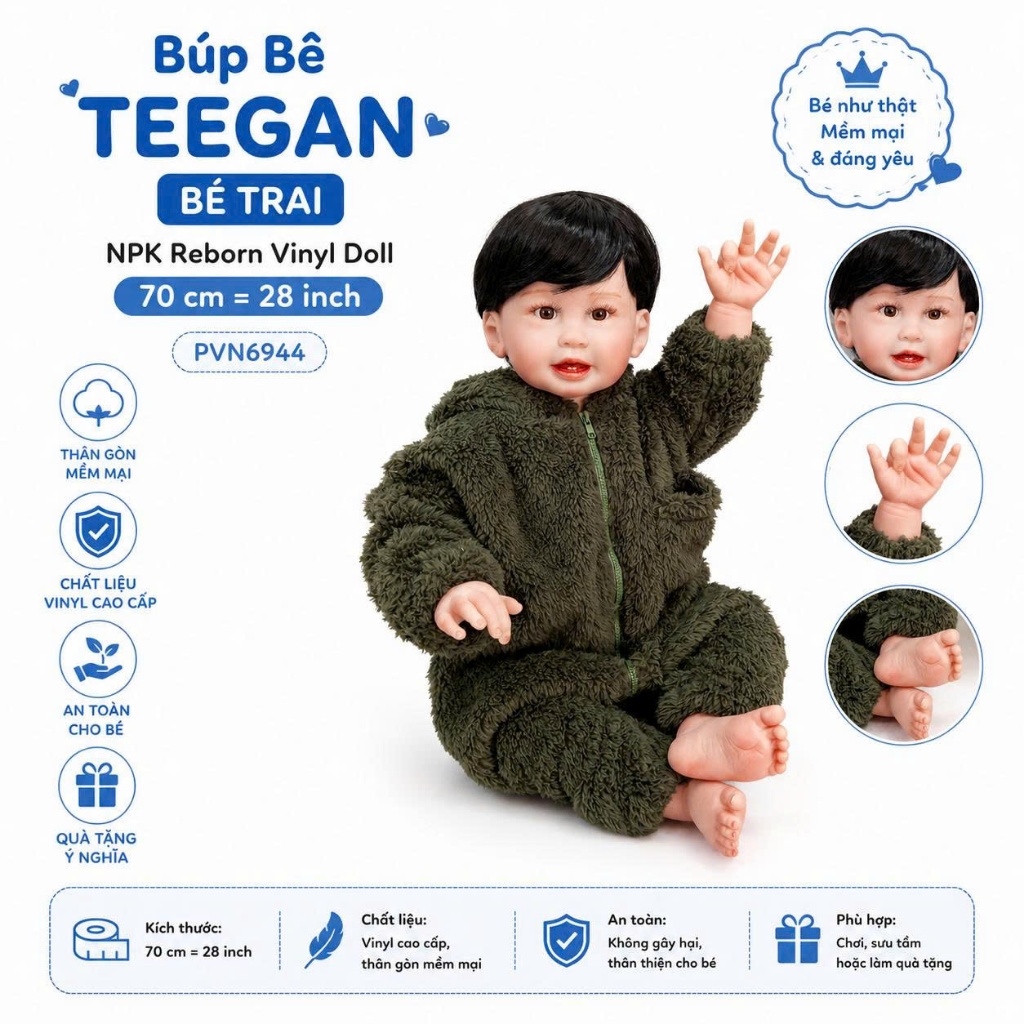 Búp Bê Teegan NPK Bé Trai 70 cm = 28 inch Reborn Vinyl Doll  PVN6944