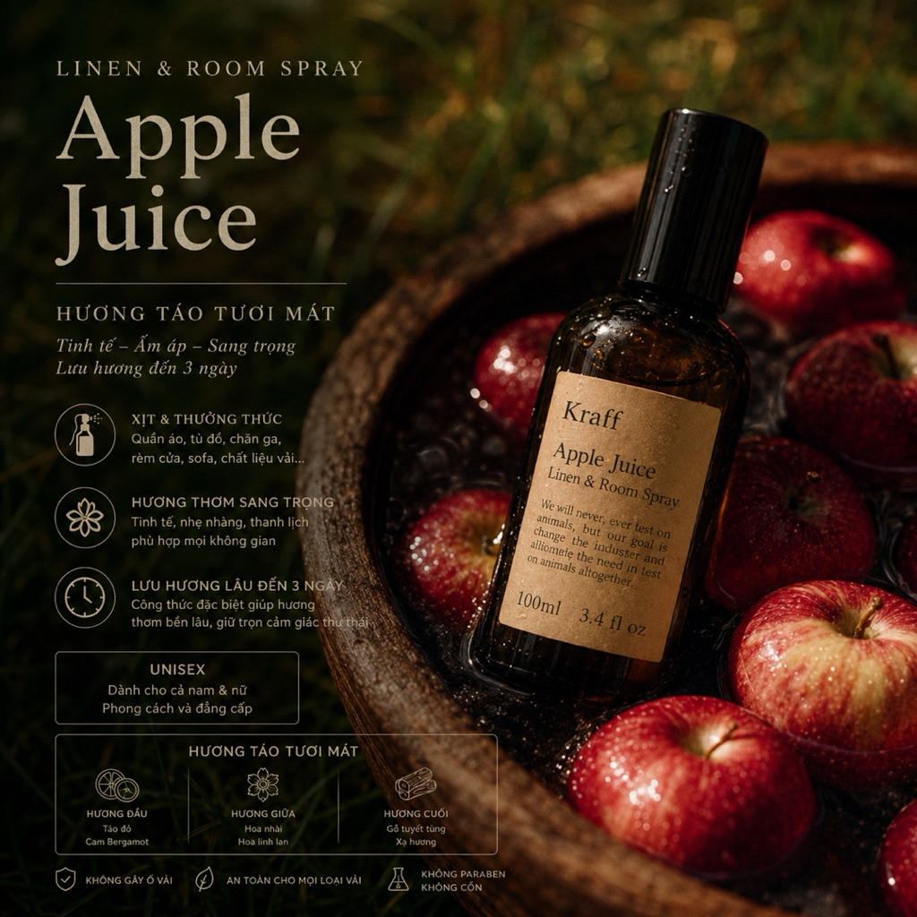 Nước hoa vải Apple Juice Linen & Room Spray (100ml) - 𝐓𝐚́𝐨 𝐗𝐚𝐧𝐡 & Bạc Hà thơm ngát không gian