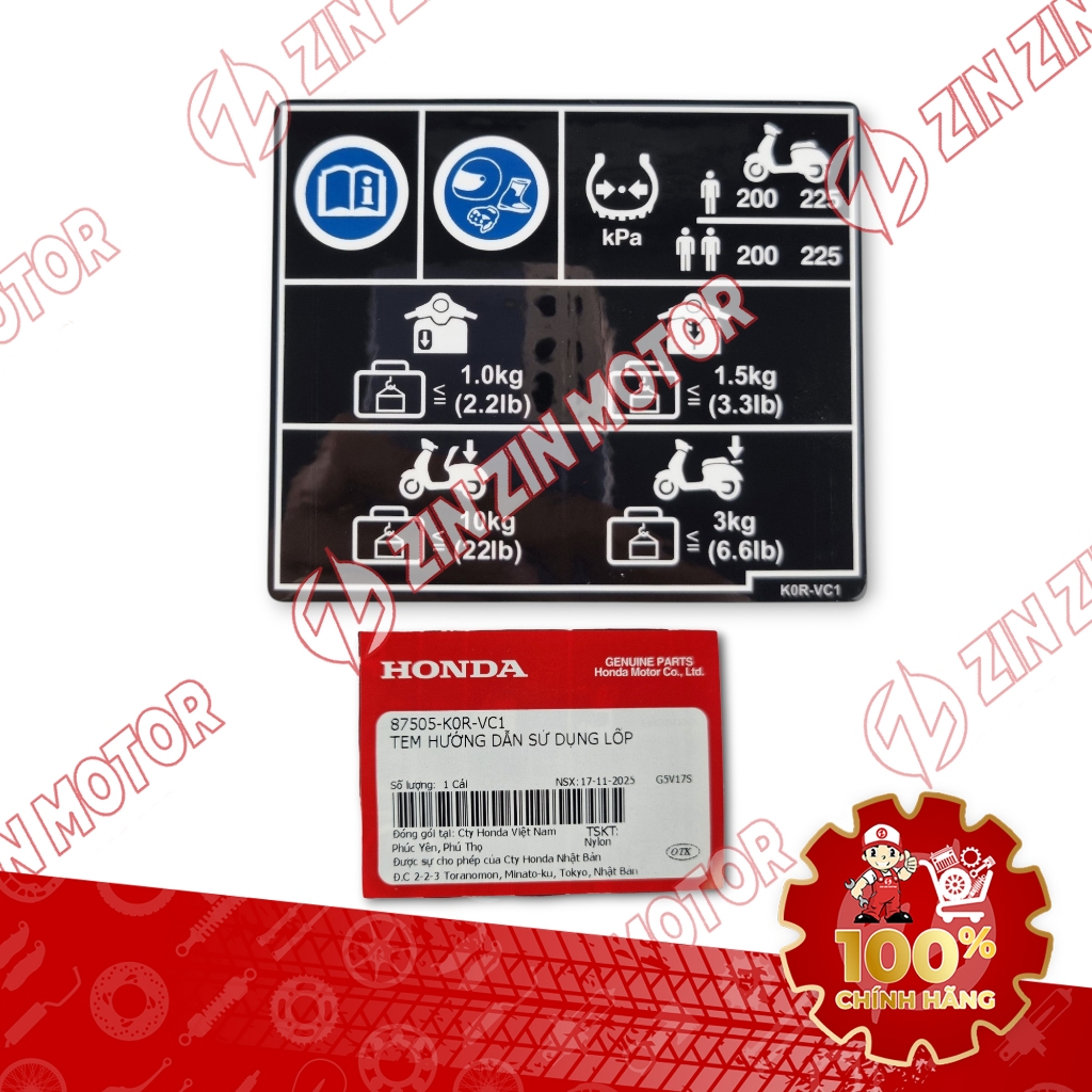 Tem Hướng Dẫn Sử Dụng Lốp, Tem Thông Số Lốp Xe SH 125i/160i 2026 87505K0RVC1 , 87505K0RAF0 Chính Hãn
