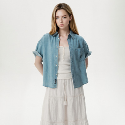 Áo Sơ Mi WHO.A.U Steve Denim Crop Short Sleeve Shirts_WHYJG2522F