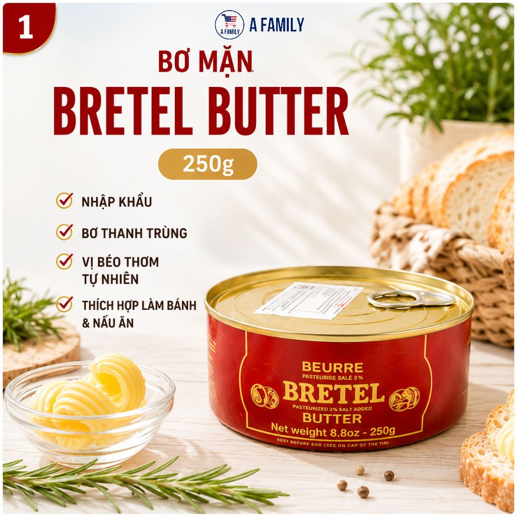 Bơ Mặn Bretel Butter 250g Pháp - 3% Muối, Thơm Béo Tự Nhiên, Đóng Hộp Thiếc, Dùng Làm Bánh & Nấu Ăn