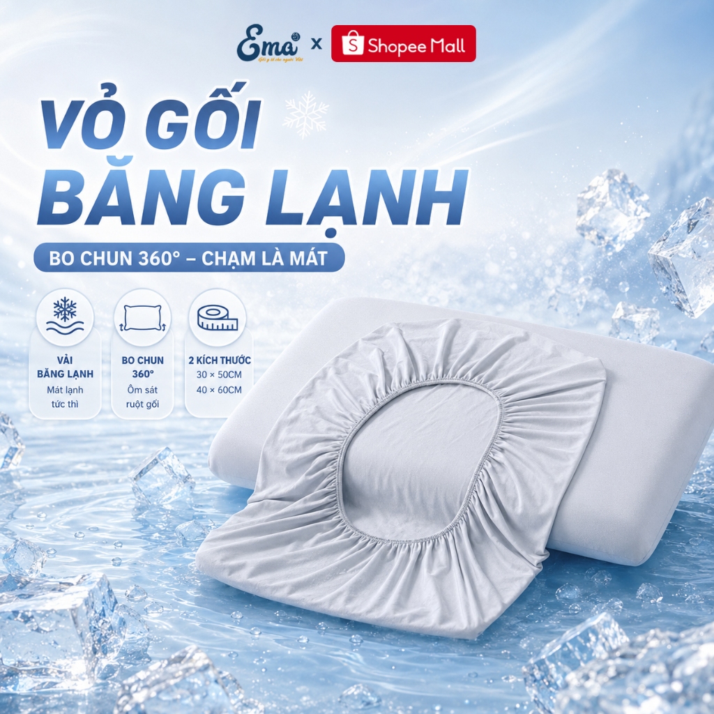 Vỏ Gối Băng Lạnh Bo Chun 360° EMA - Áo Gối Nằm Mát Mịn Thoáng Khí Co Giãn Lồng Nhanh Không Khóa Kéo | BigBuy360 - bigbuy360.vn
