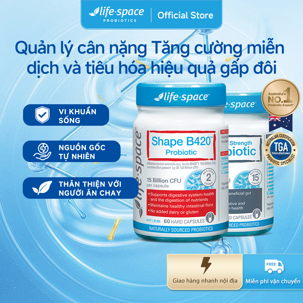 Combo Men vi sinh Life-Space Shape B420 60 viên và Double Strength Probiotic 30 viên Prebiotic