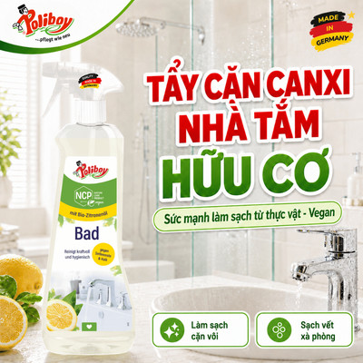 Vệ Sinh Nhà Tắm Poliboy Nội Địa Đức - Hữu Cơ, Tẩy Cặn Canxi, Sạch Vách Kính, Vòi Inox 500ml