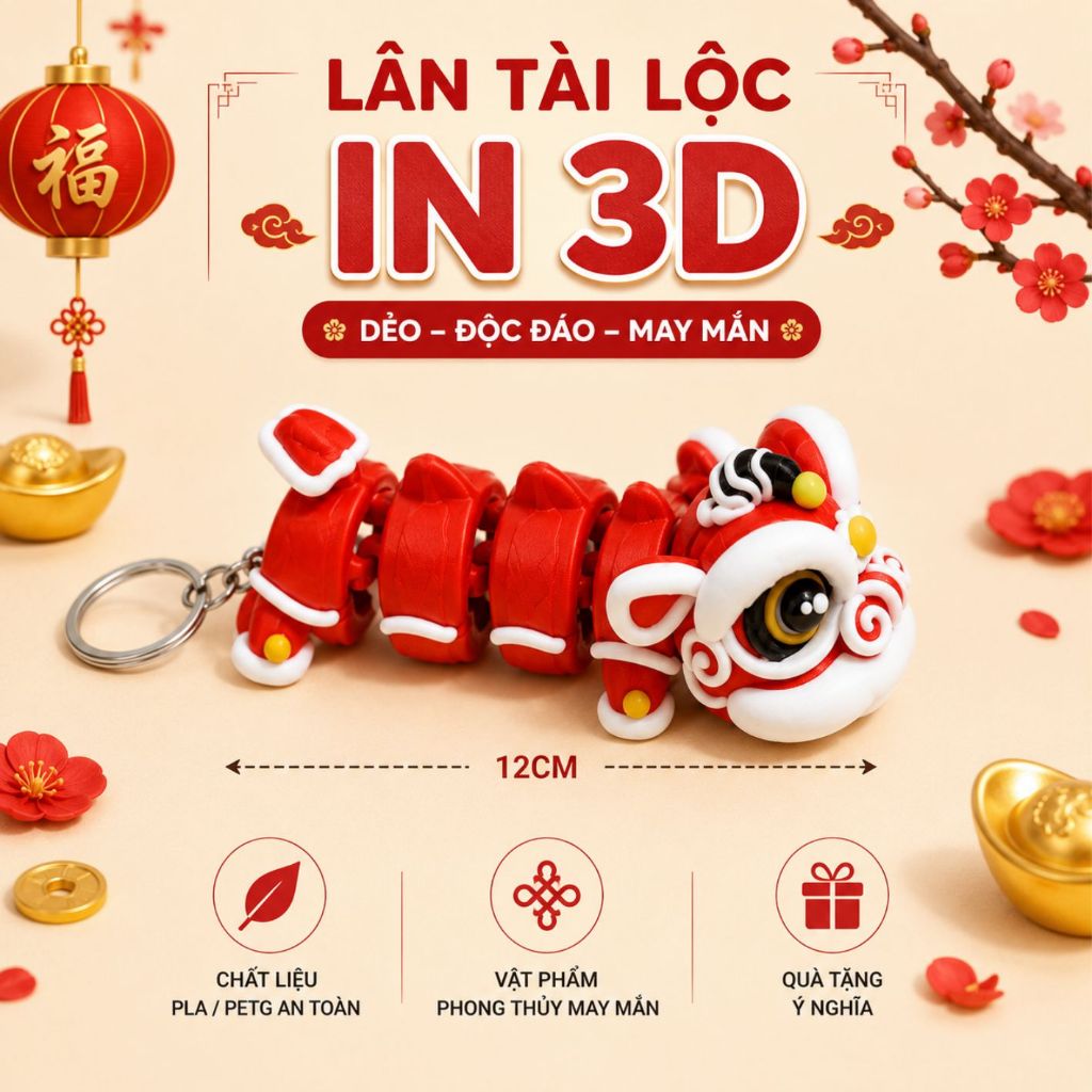 Lân Tài Lộc In 3D Khớp Linh Hoạt Dài 12cm - Móc Khóa Lân Sư Rồng Cao Cấp, Quà Tặng May Mắn, Treo Chì