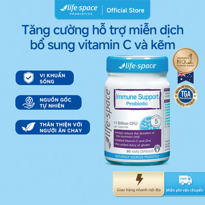 Men vi sinh Life Space Immune Support tăng cường đề kháng, bổ sung lợi khuẩn, vitamin C, kẽm lọ 60 viên Prebiotic