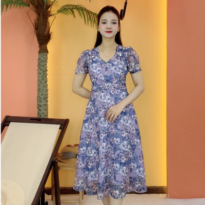 Đầm xòe trung niên cho mẹ - Cổ vuông tim kết nút tay lỡ - Tím hoa - TTV2093