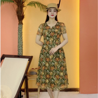 Đầm xòe trung niên cho mẹ - Cổ tròn khoét V tay ngắn - Xanh họa tiết - TTV2094